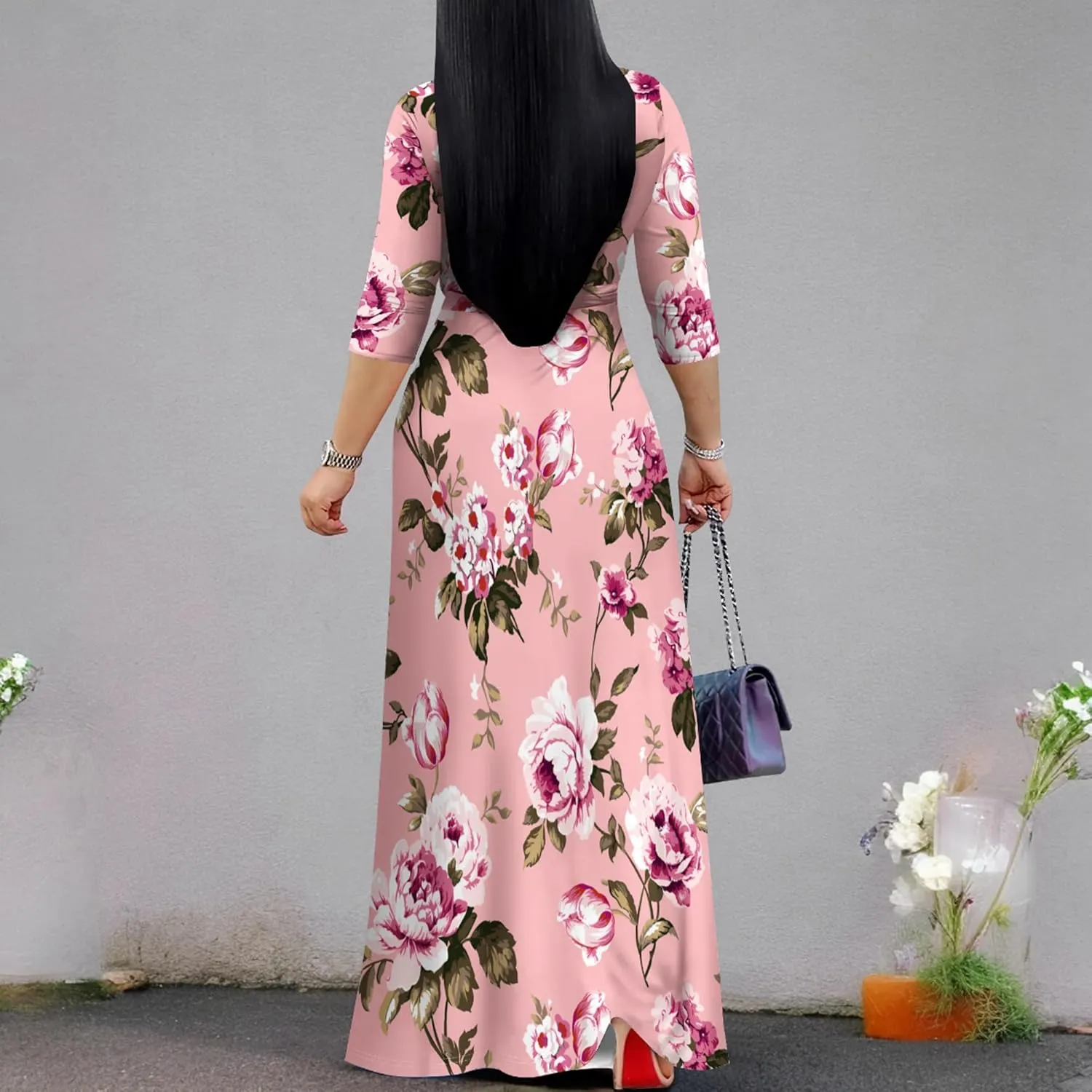 PinkPatty Women's Plus Size Maxi Dresses 3/4 Sleeves Bohemian Long Dress Printed Swing Dress with Belt
