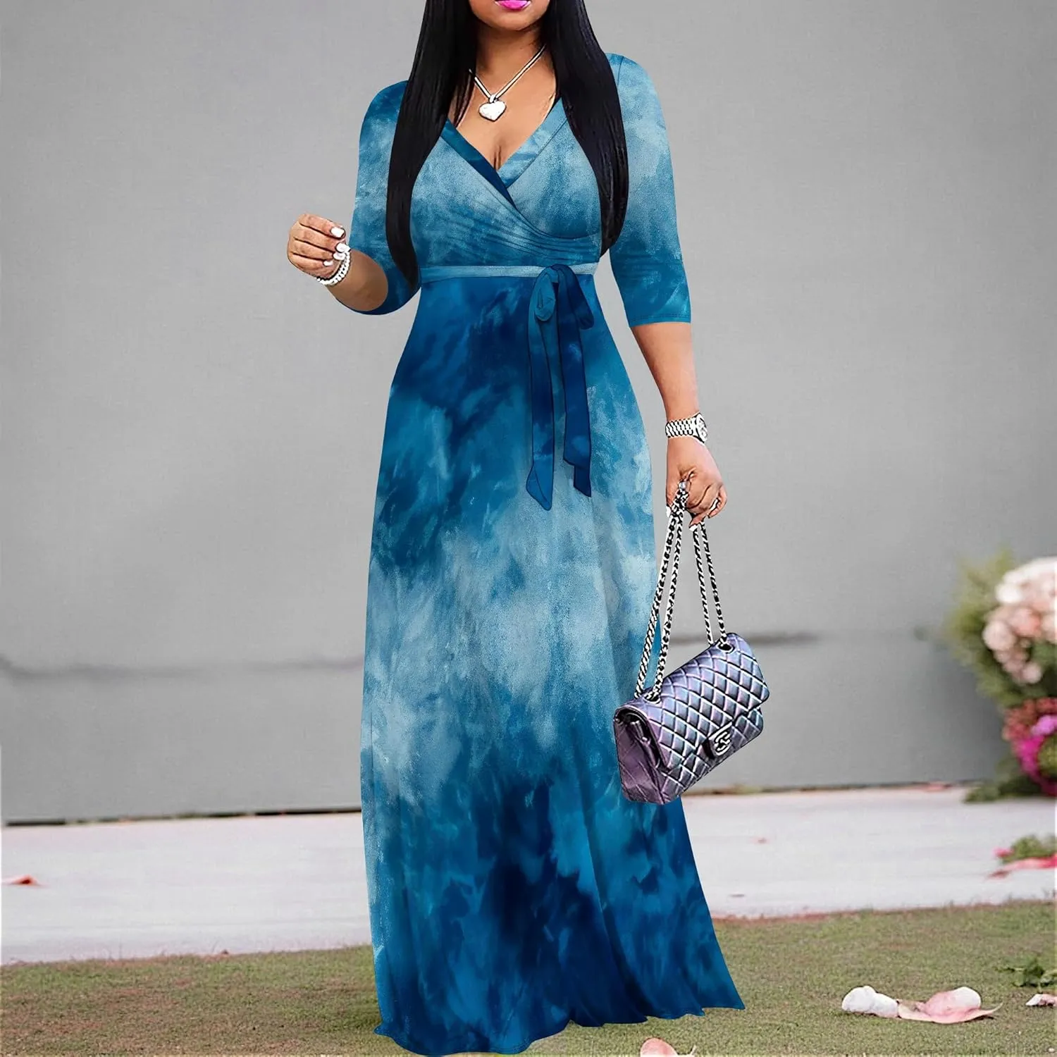 PinkPatty Women's Plus Size Maxi Dresses 3/4 Sleeves Bohemian Long Dress Printed Swing Dress with Belt