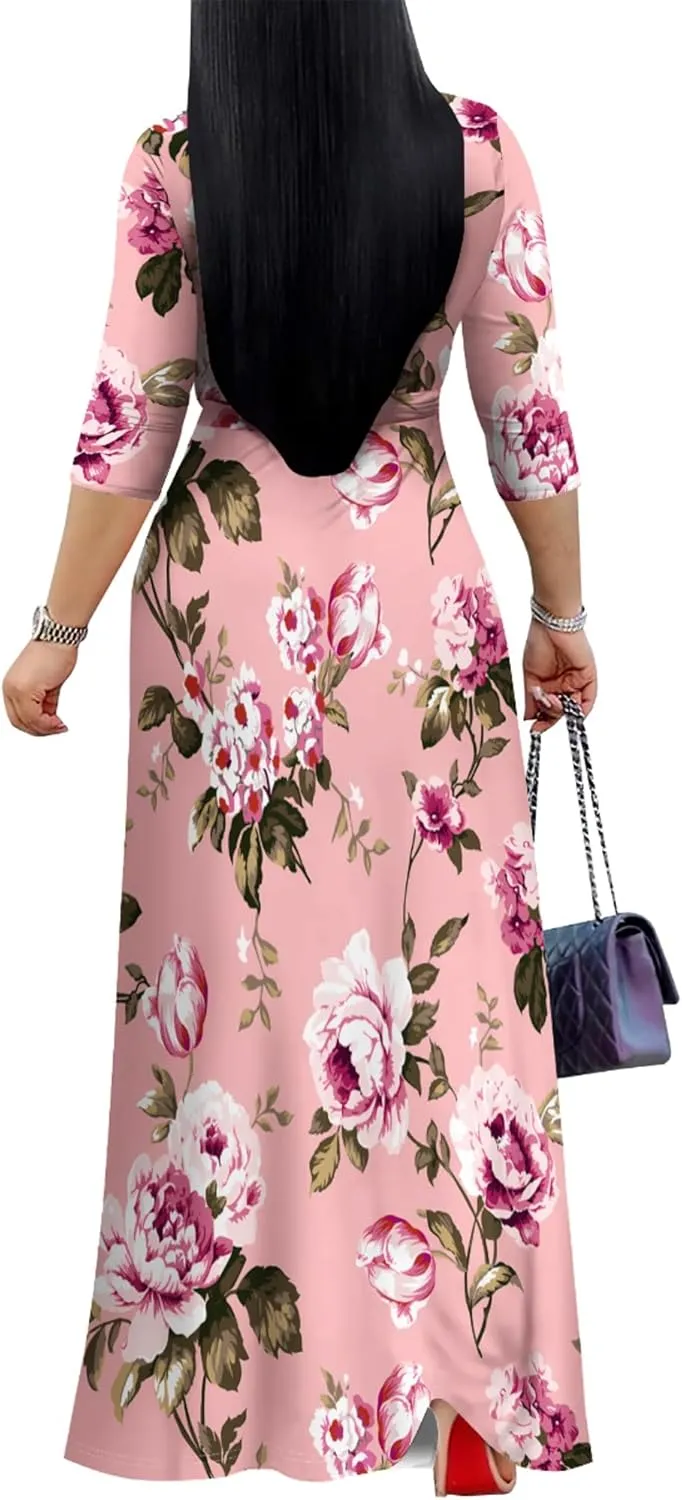 PinkPatty Women's Plus Size Maxi Dresses 3/4 Sleeves Bohemian Long Dress Printed Swing Dress with Belt