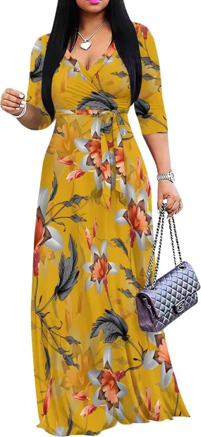PinkPatty Women's Plus Size Maxi Dresses 3/4 Sleeves Bohemian Long Dress Printed Swing Dress with Belt