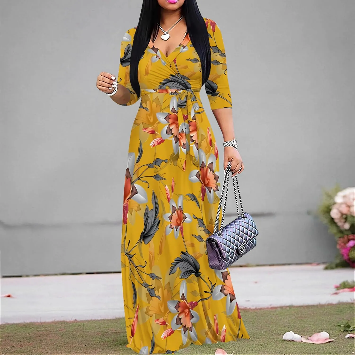 PinkPatty Women's Plus Size Maxi Dresses 3/4 Sleeves Bohemian Long Dress Printed Swing Dress with Belt