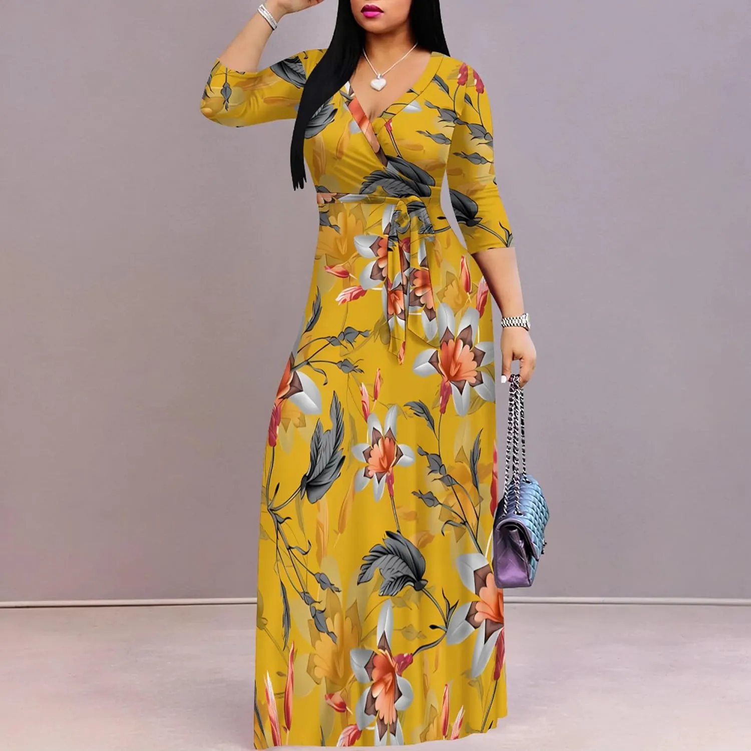 PinkPatty Women's Plus Size Maxi Dresses 3/4 Sleeves Bohemian Long Dress Printed Swing Dress with Belt
