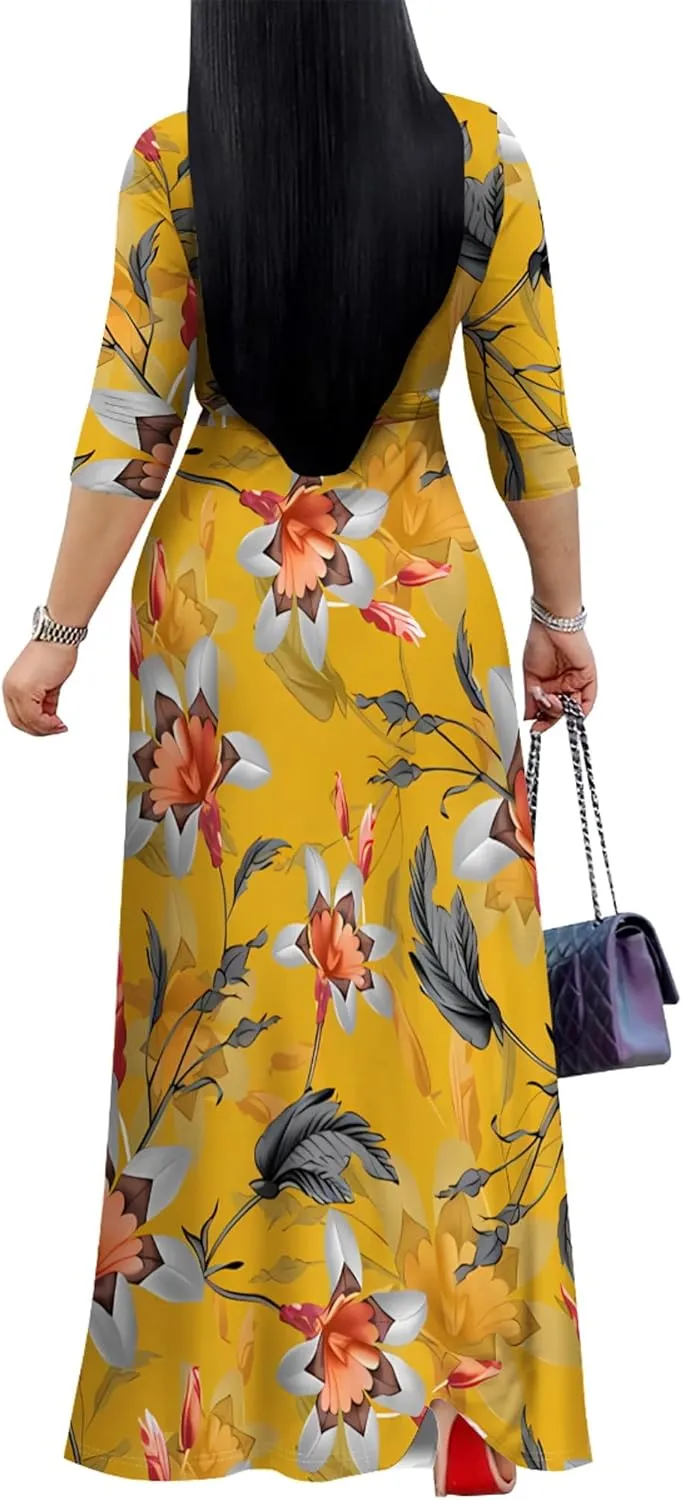 PinkPatty Women's Plus Size Maxi Dresses 3/4 Sleeves Bohemian Long Dress Printed Swing Dress with Belt
