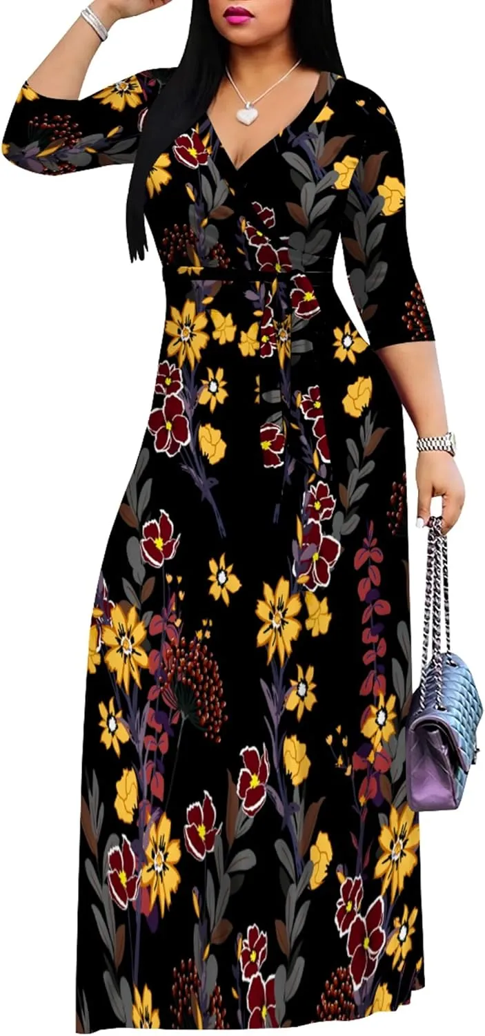 PinkPatty Women's Plus Size Maxi Dresses 3/4 Sleeves Bohemian Long Dress Printed Swing Dress with Belt