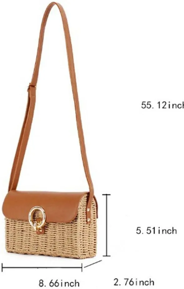 Retro Woven Crossbody Handbag Ladies Straw Shoulder Purses for Women Travel Beach Casual Commuter Satchels Square Bag