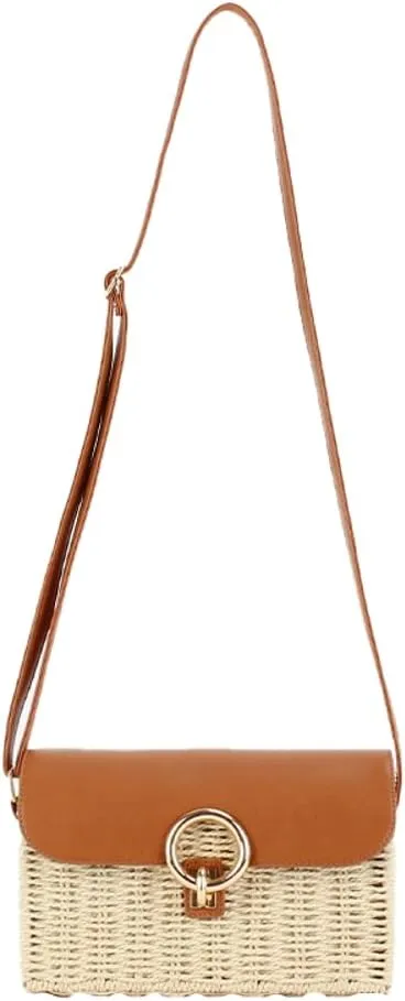 Retro Woven Crossbody Handbag Ladies Straw Shoulder Purses for Women Travel Beach Casual Commuter Satchels Square Bag