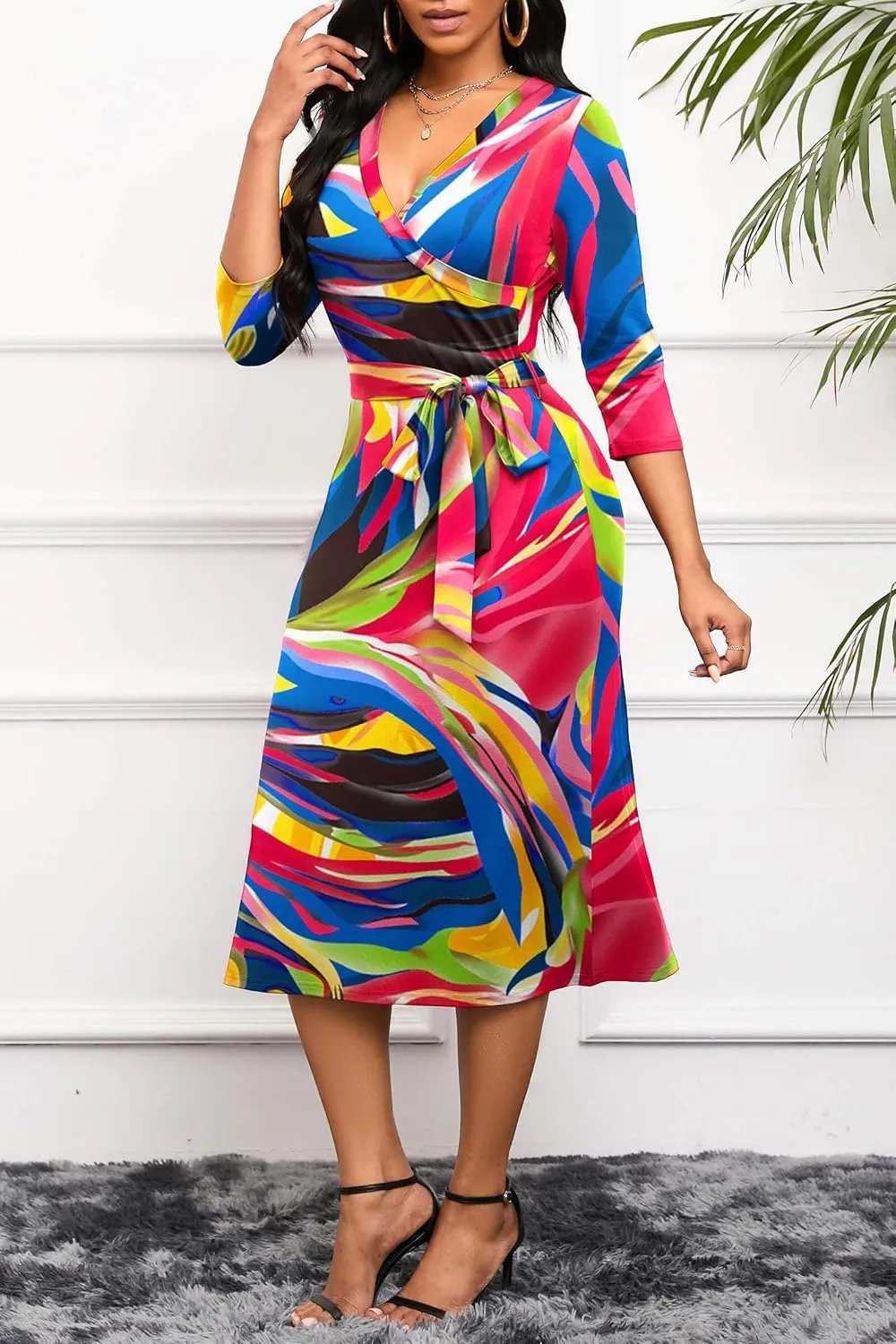 Runwind Women's Midi Dress,3/4 Sleeves V Neck Cocktail Party Dress Curvy Wrap Sexy Geometric Pattern Dresses with Belt