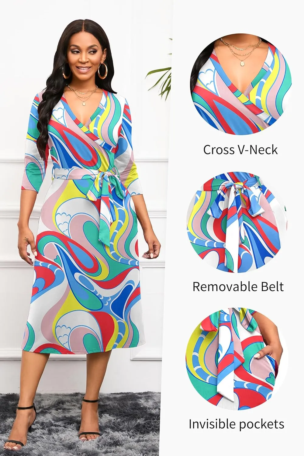 Runwind Women's Midi Dress,3/4 Sleeves V Neck Cocktail Party Dress Curvy Wrap Sexy Geometric Pattern Dresses with Belt