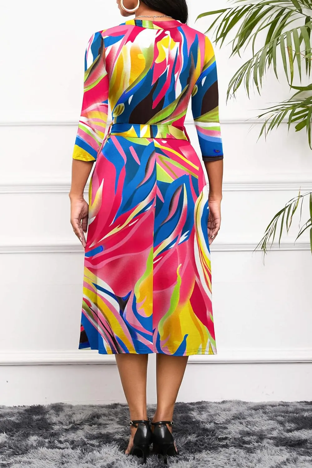 Runwind Women's Midi Dress,3/4 Sleeves V Neck Cocktail Party Dress Curvy Wrap Sexy Geometric Pattern Dresses with Belt