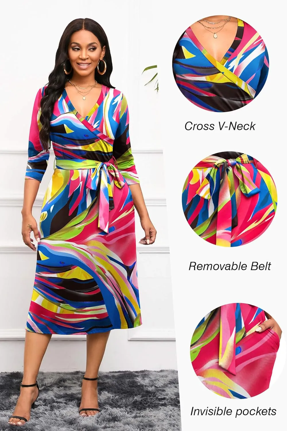 Runwind Women's Midi Dress,3/4 Sleeves V Neck Cocktail Party Dress Curvy Wrap Sexy Geometric Pattern Dresses with Belt