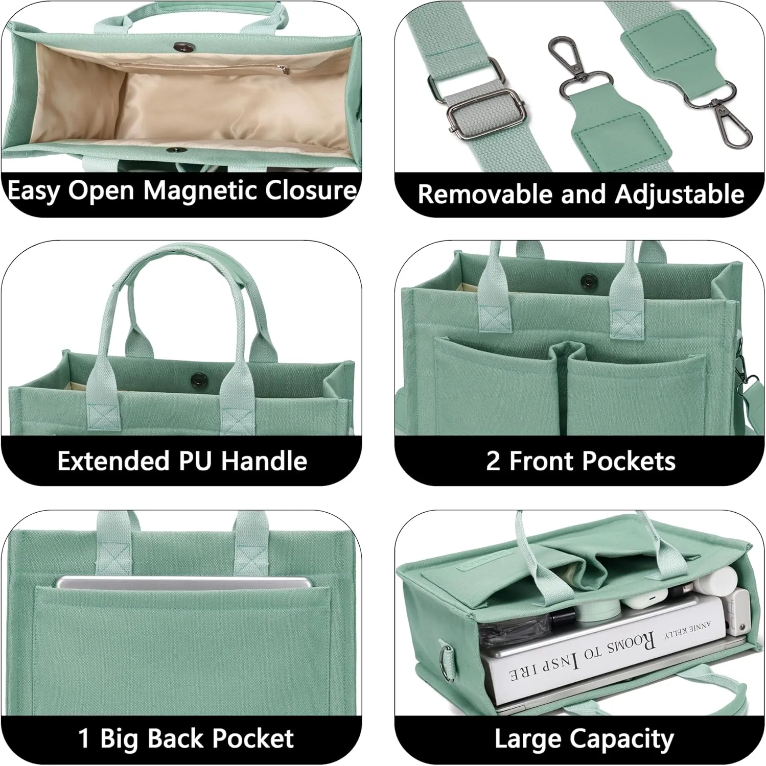 Tote Bag for Women With Compartments,Large Canvas Tote Women's Purse Crossbody Bags Work Laptop Book Bag Satchels Handbags