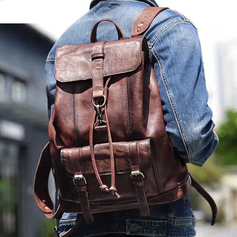 Unisex First Layer Cowhide Leather Retro Large Capacity Laptop Bag