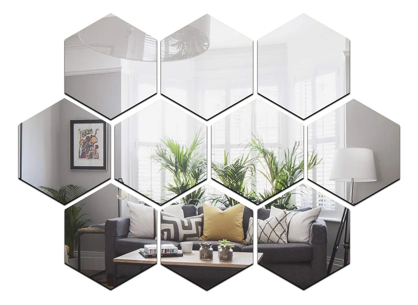 Wall1ders 10 Hexagon Silver (Hexagon Size 12 x 10 cm) Hexagon Mirror Wall Stickers