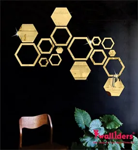 Wall1ders 4 Hexagon and 12 Hexagon Shapes Different Size Golden Hexagon mirror wall stickers, mirror stickers for wall, acrylic mirror wall decor sticker, wall mirror stickers, hexagonal mirror wall sticker..(Golden)