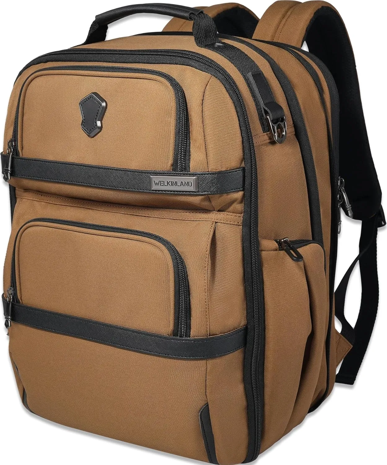 WELKINLAND 20-Pocket Travel Backpack, Carry-On Luggage, 16-Inch Laptop Backpack for Men, Expandable with Trolley Sleeve and Shoe Compartment, Black/Brown, 36L, Expandable Backpack for Traveling