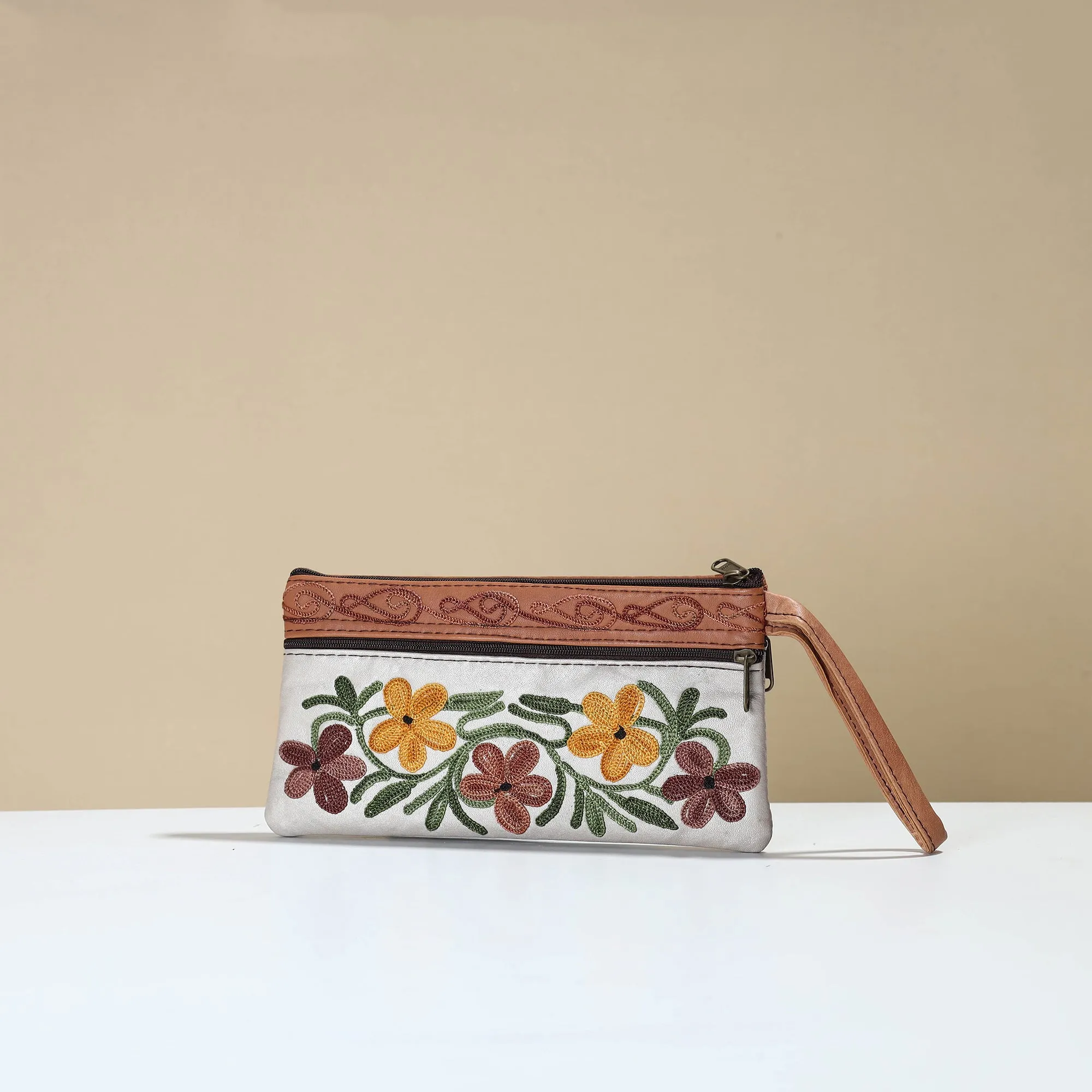 White - Kashmiri Crewel Hand Embroidery Leather Clutch 17