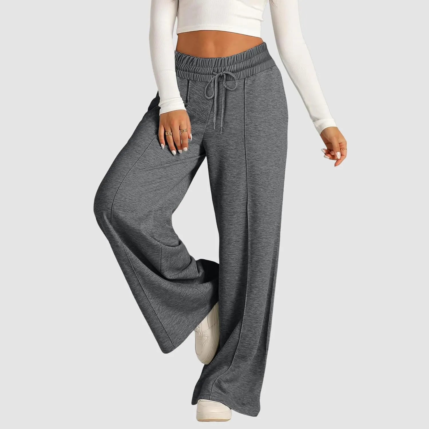 Wide Leg Trousers for Women Elasticated Waist Loose Stretch Sweatpants Casual Straight Plus Size Palazzo Pants with Pockets