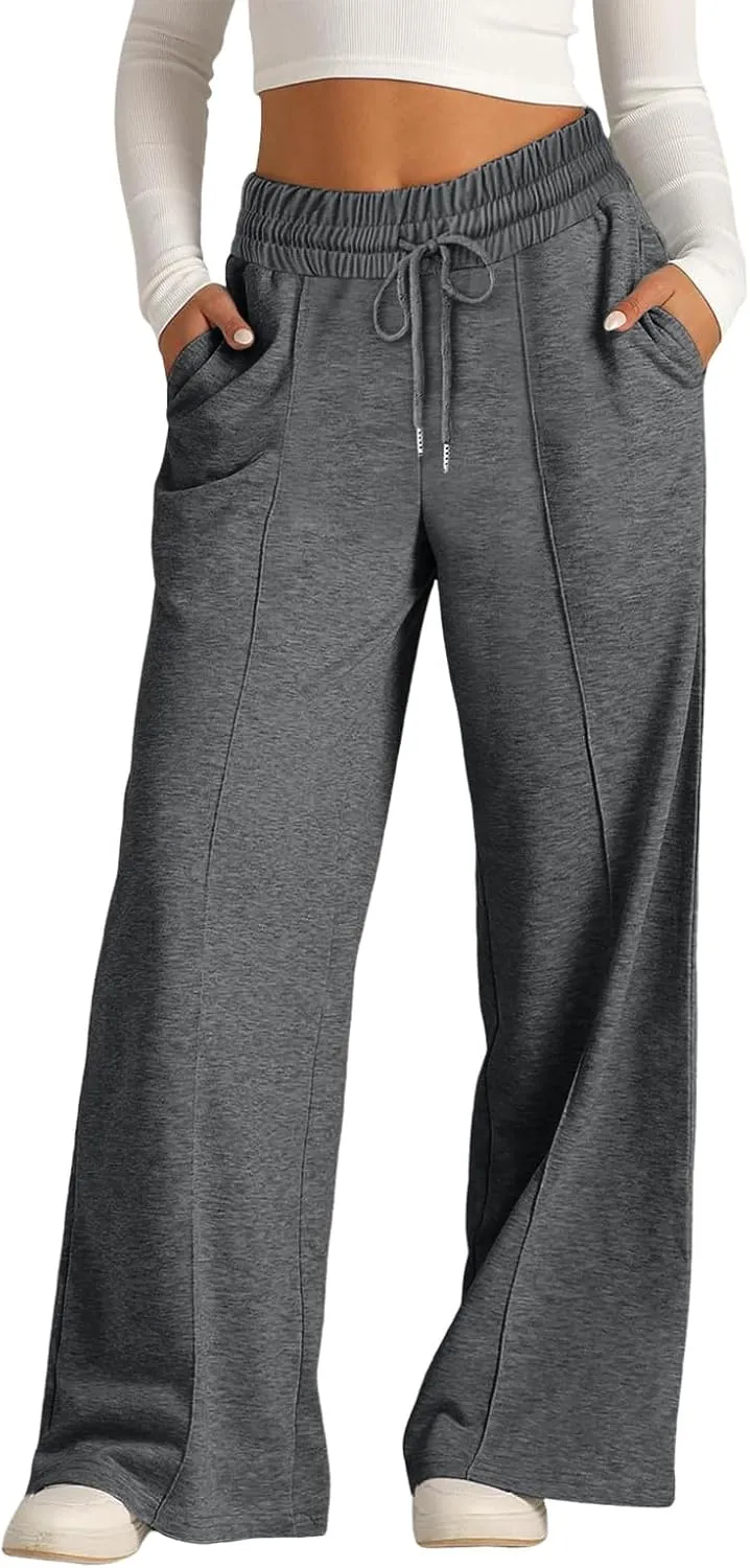 Wide Leg Trousers for Women Elasticated Waist Loose Stretch Sweatpants Casual Straight Plus Size Palazzo Pants with Pockets