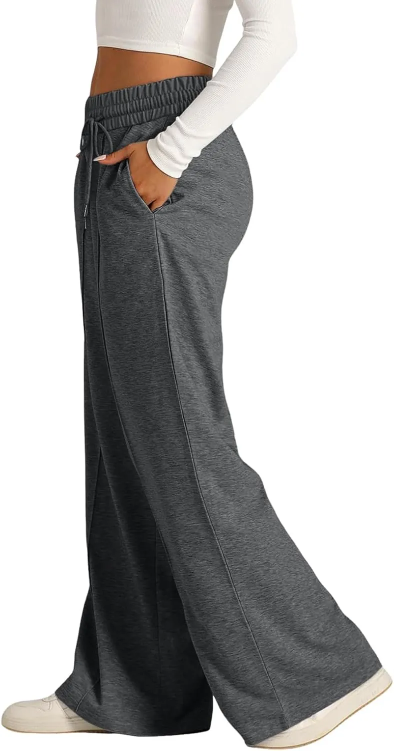 Wide Leg Trousers for Women Elasticated Waist Loose Stretch Sweatpants Casual Straight Plus Size Palazzo Pants with Pockets