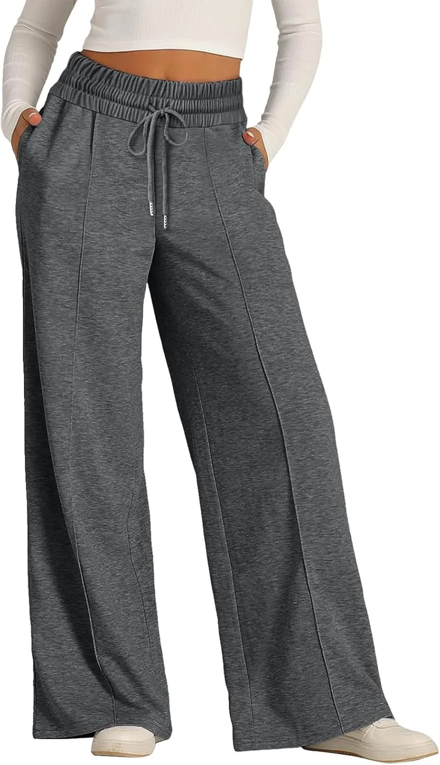 Wide Leg Trousers for Women Elasticated Waist Loose Stretch Sweatpants Casual Straight Plus Size Palazzo Pants with Pockets