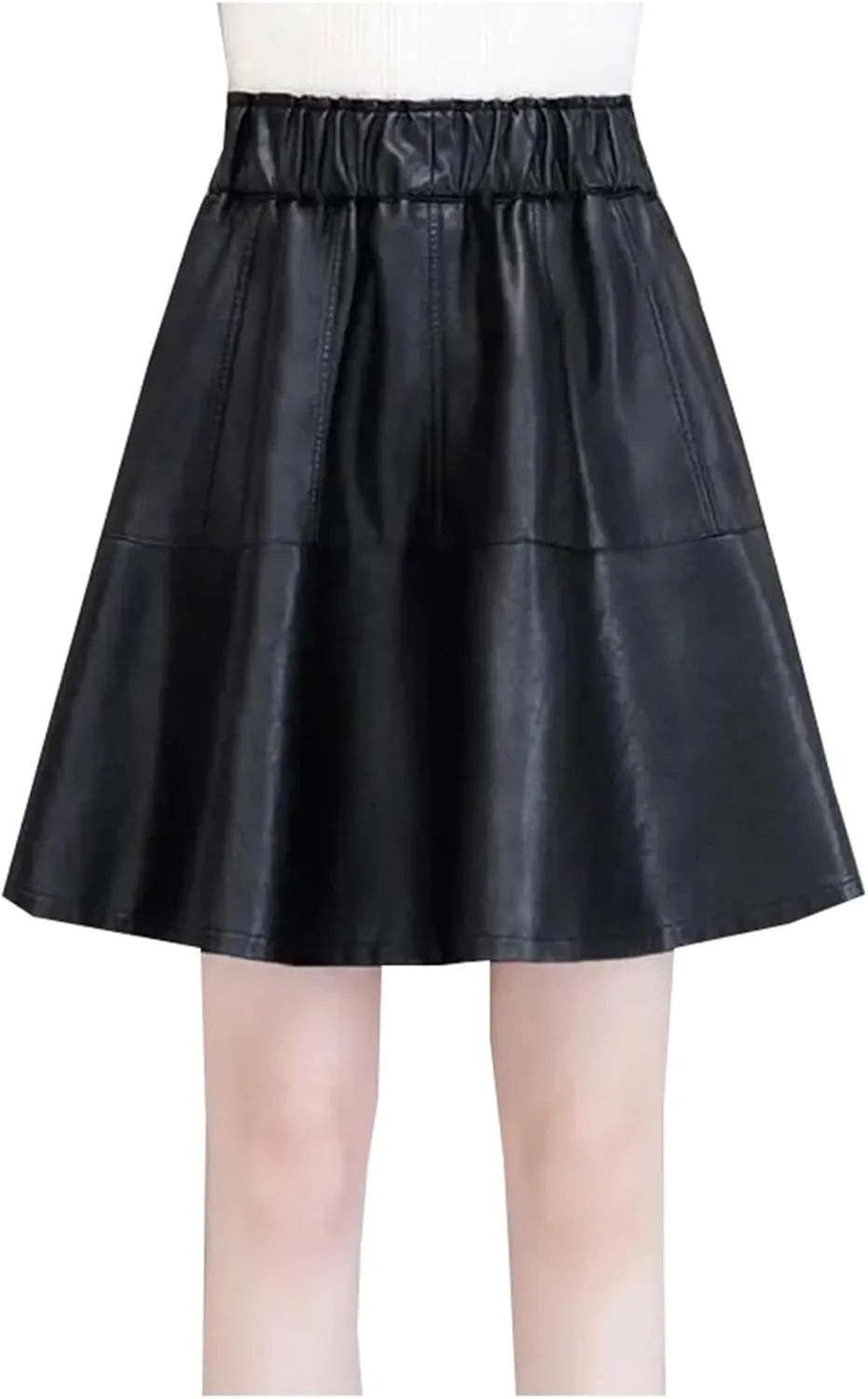 Women Office Pleated Mini Skirt Solid Chic Elastic High Waist Slim A-Line PU Leather Skirt