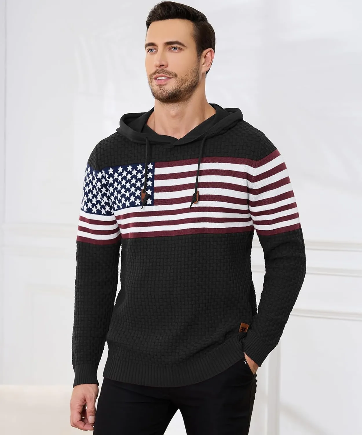 Zaitun Mens Hooded Sweatshirt Long Sleeve American Flag Knitted Hoodie Pullover Sweater