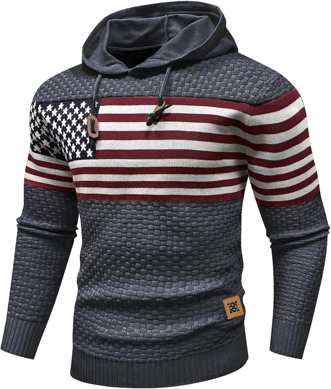 Zaitun Mens Hooded Sweatshirt Long Sleeve American Flag Knitted Hoodie Pullover Sweater
