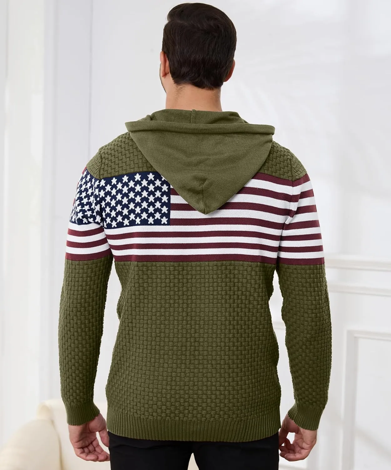 Zaitun Mens Hooded Sweatshirt Long Sleeve American Flag Knitted Hoodie Pullover Sweater