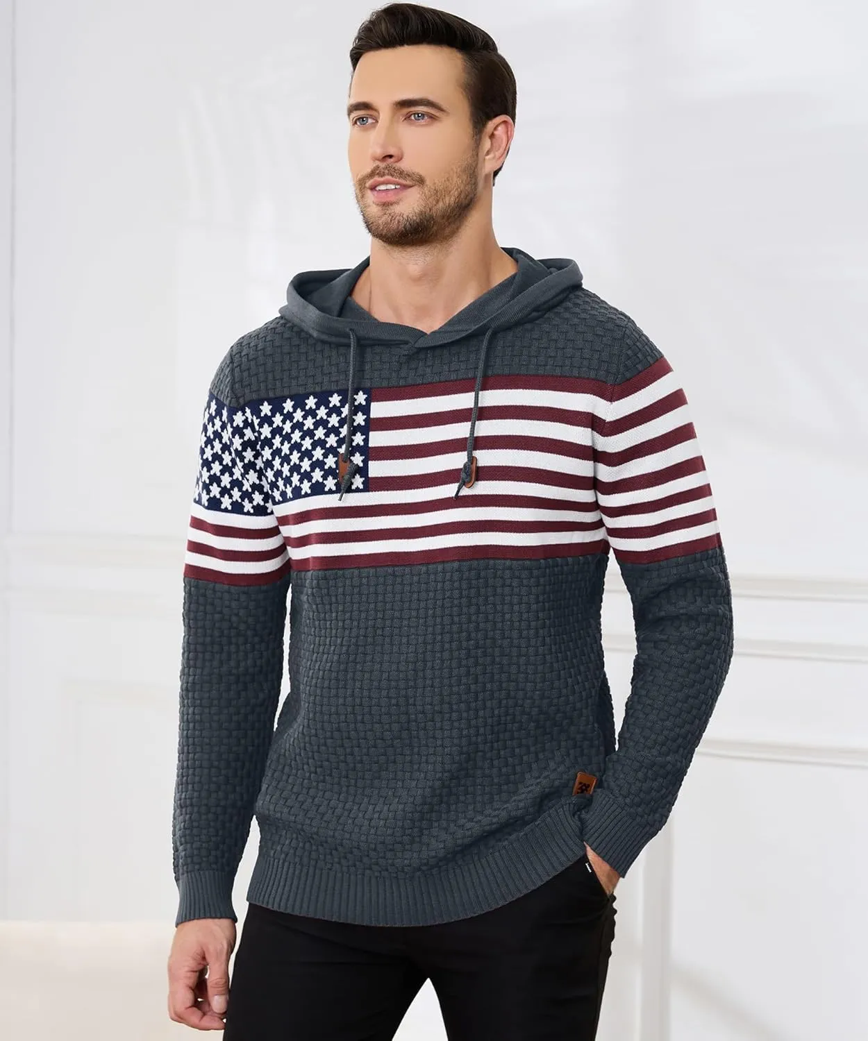 Zaitun Mens Hooded Sweatshirt Long Sleeve American Flag Knitted Hoodie Pullover Sweater