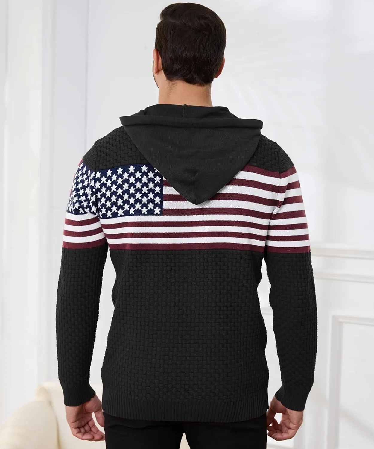 Zaitun Mens Hooded Sweatshirt Long Sleeve American Flag Knitted Hoodie Pullover Sweater