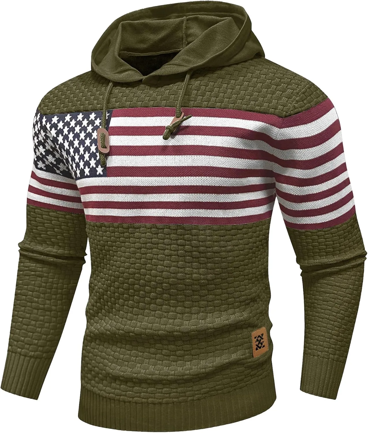 Zaitun Mens Hooded Sweatshirt Long Sleeve American Flag Knitted Hoodie Pullover Sweater