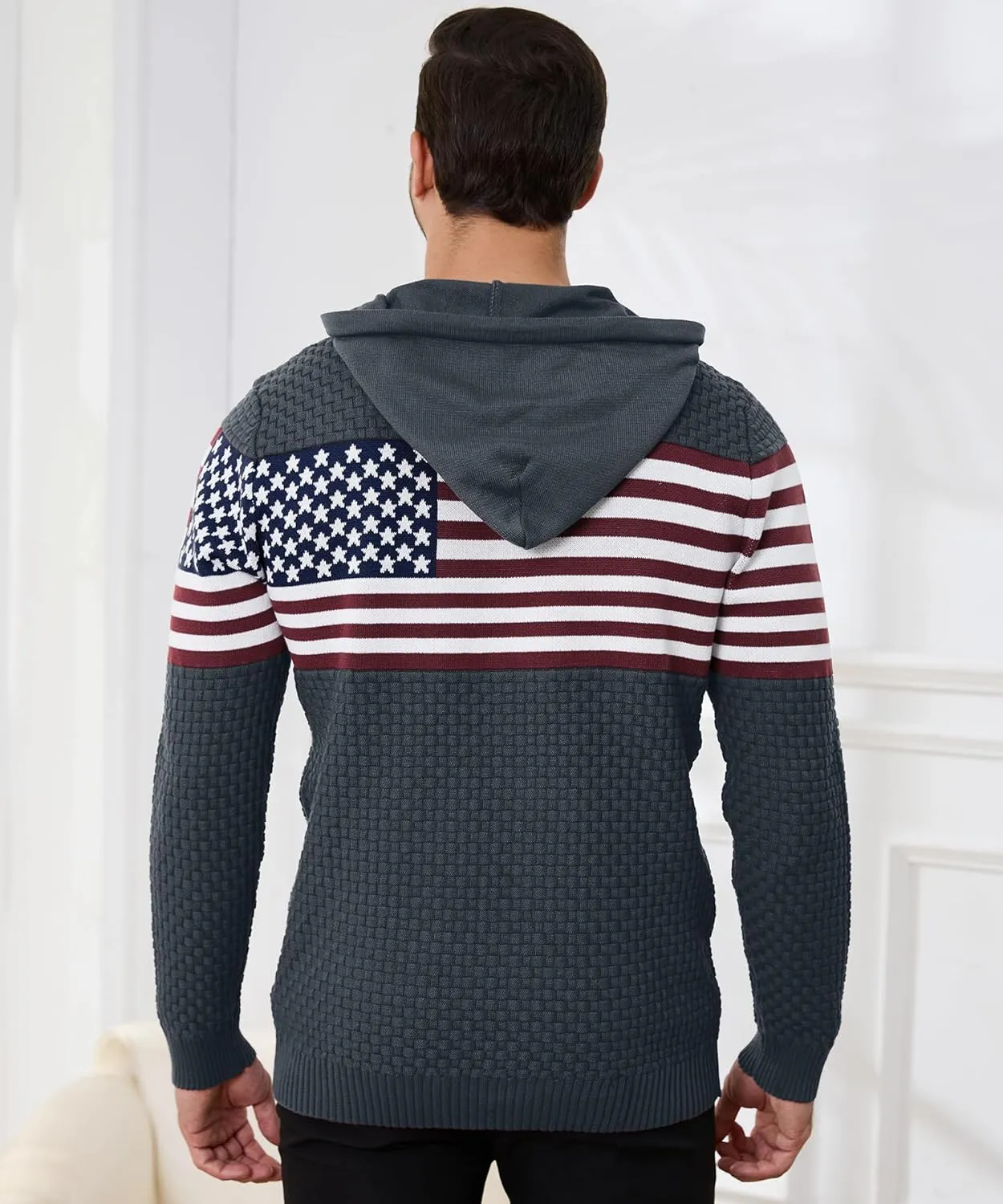 Zaitun Mens Hooded Sweatshirt Long Sleeve American Flag Knitted Hoodie Pullover Sweater